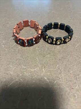 2 Religious Icon Stretch Bracelet Set — Black & Terracotta
